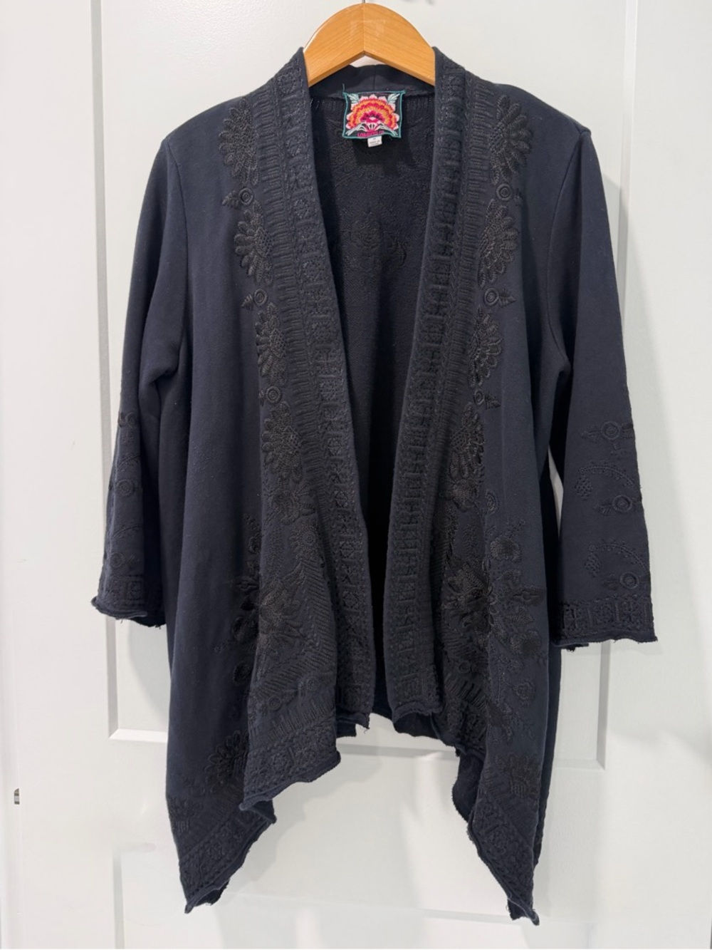 Johnny Was Biya Black Embroidered Open Cardigan Boho Floral Knit Sweater (M)